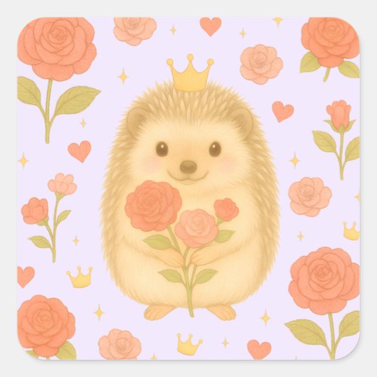 HIMEKARI Floral Hedgehog Sticker – Purple スクエアシール (正面)
