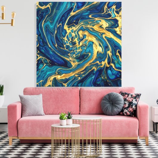 himmering Gold & Deep Sea Blue Fluid Acrylic Abstr キャンバスプリント (インサイチュ (リビング))