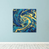 himmering Gold & Deep Sea Blue Fluid Acrylic Abstr キャンバスプリント (インサイチュ (ウッドフロア))