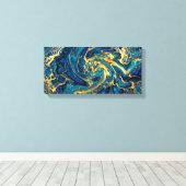himmering Gold & Deep Sea Blue Fluid Acrylic Abstr キャンバスプリント (インサイチュ (ウッドフロア))