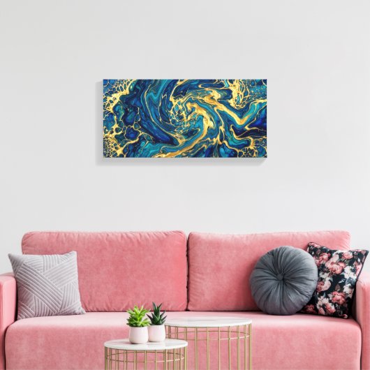 himmering Gold & Deep Sea Blue Fluid Acrylic Abstr キャンバスプリント (インサイチュ (リビング))