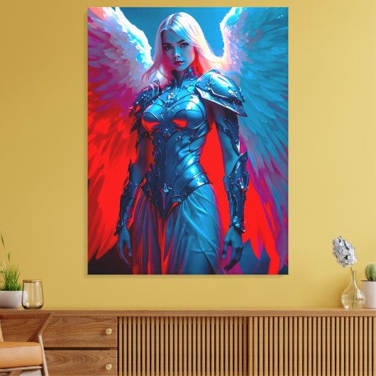 Himmlische Engelsschönheit in silberner Rüstung キャンバスプリント (インサイチュ (リビング))