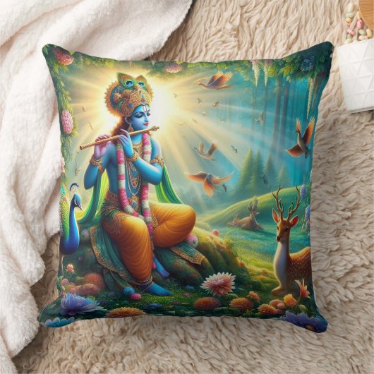 Hindu God Krishna pillow with om design on back クッション (ブランケット)