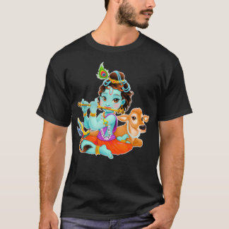 Hindu god Lord Shri Krishna with cow and bird Tシャツ