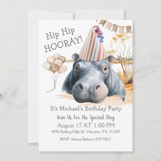 Hip Hip Hooray Hippo Birthday 招待状 (正面)