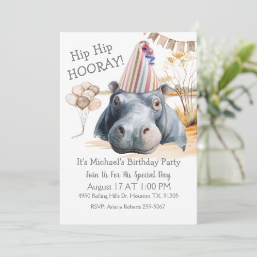 Hip Hip Hooray Hippo Birthday 招待状 (スタンド正面)