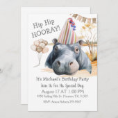 Hip Hip Hooray Hippo Birthday 招待状 (正面/裏面)