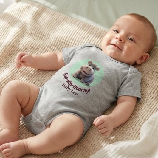 "Hip-Hip-Hooray!" Hippo Personalized Baby Bodysuit ベビーボディスーツ