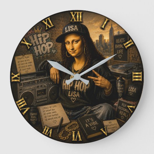 Hip Hop Funny Mona Lisa Urban Music Gift ラージ壁時計 (正面)