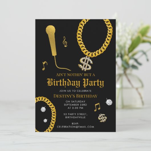 Hip Hop Gold Chain Microphone 80's 90's Birthday 招待状 (スタンド正面)