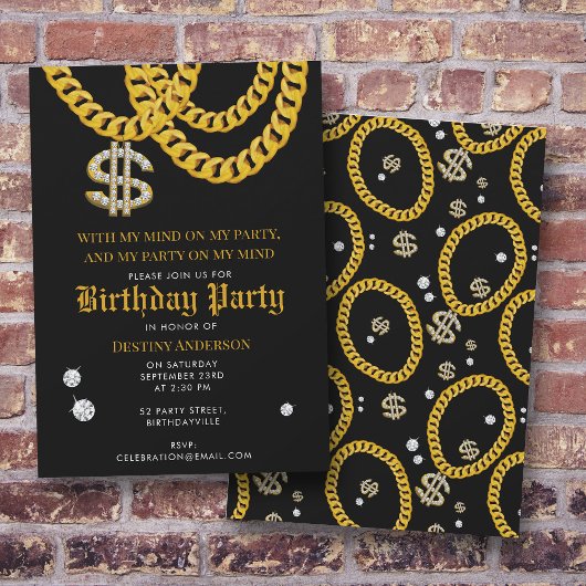 Hip Hop Gold Cuban Link Chain 90's Birthday Party 招待状