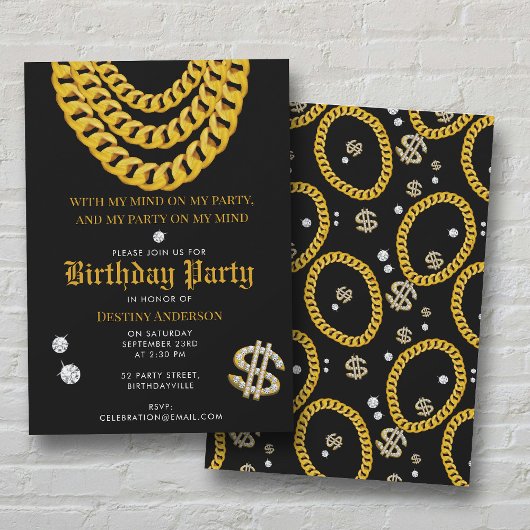 Hip Hop Gold Cuban Link Chain 90's Birthday Party 招待状