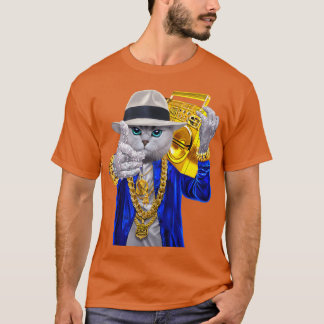 Hip Hop Rapper Cat in Fedora Hat Carrying Music fa Tシャツ