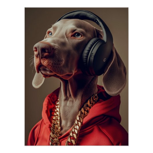 Hip Hop Weimaraner with Headphones & Gold Chain ポスター (正面)