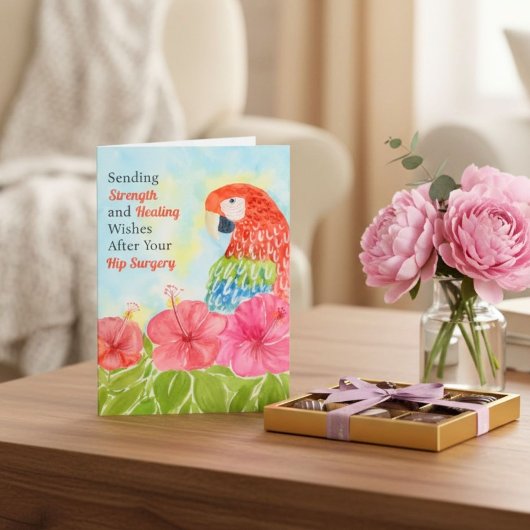 Hip Surgery Healing Scarlet Macaws, Hibiscus カード