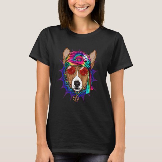 Hippie African Basenji Tie Dye Peace Sign Psychede Tシャツ (正面)