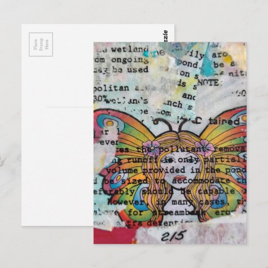 Hippie Butterfly Woman Mixed Media Collage ポストカード (正面/裏面)