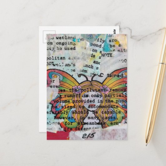 Hippie Butterfly Woman Mixed Media Collage ポストカード (正面/裏面インサイチュ)