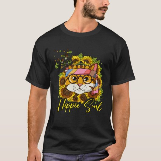 Hippie Cat Sunflower Hippie Soul Tシャツ (正面)