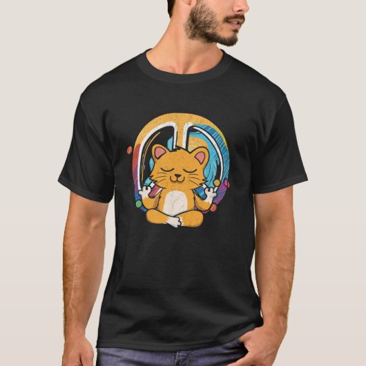 Hippie Cat Yoga Peace Sign Feline Meditation Tシャツ (正面)
