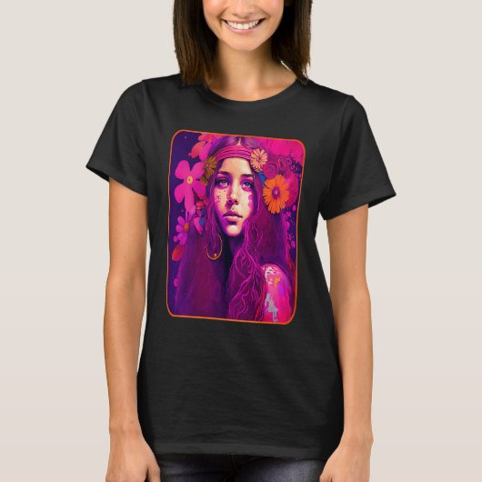 Hippie Child In Pink With Flowers In Her Hair Retr Tシャツ (正面)