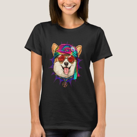 Hippie Corgi Tie Dye Peace Sign Psychedelic Corgi Tシャツ (正面)