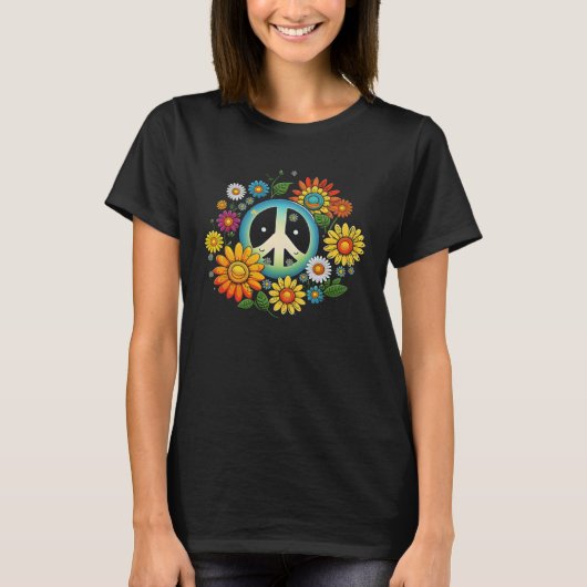 Hippie Daisy Peace Sign Retro Flower Sunflower   2 Tシャツ (正面)