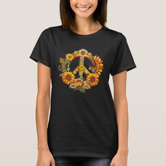 Hippie Daisy Peace Sign Retro Flower Sunflower Tシャツ (正面)