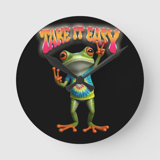Hippie Frog Take it Easy Fun Colorful  ラウンド壁時計 (正面)