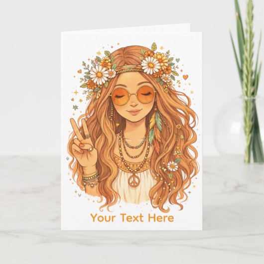 Hippie Girl Giving a Peace Gesture Blank Art Card カード (正面)