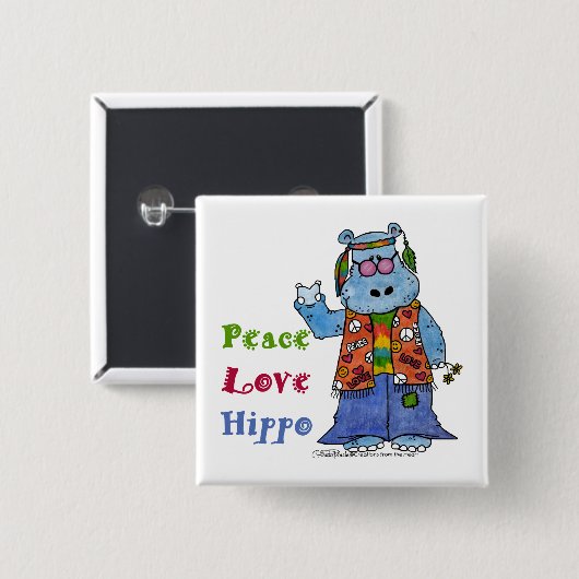 Hippie Hippo-Peace, Love, Hippo 缶バッジ (正面&裏面)