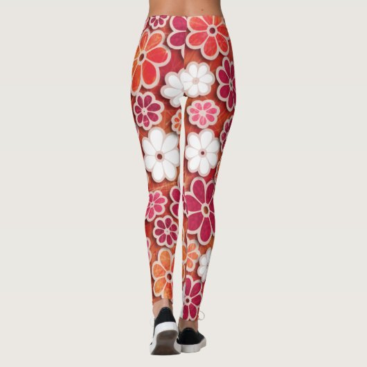 Hippie Orange Floating Floral Patterned | Leggings レギンス (裏面)
