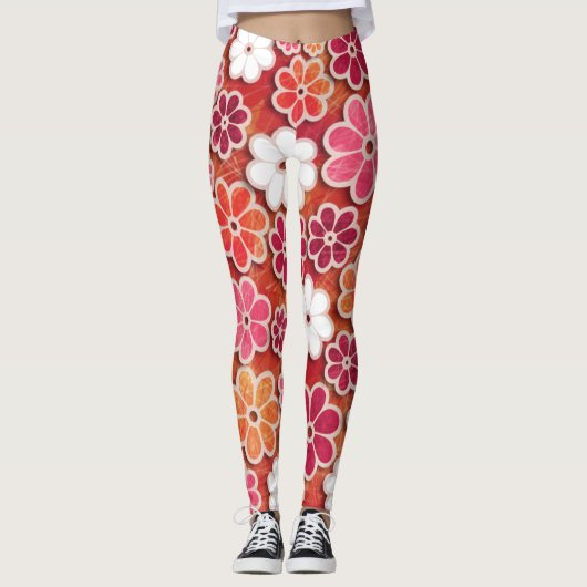 Hippie Orange Floating Floral Patterned | Leggings レギンス (正面)