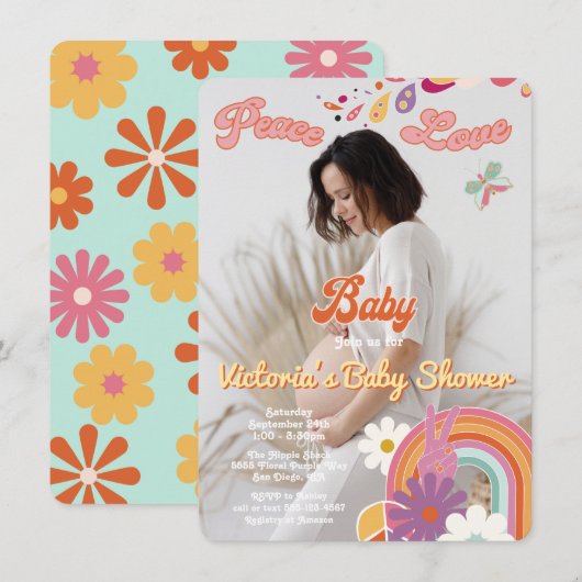 Hippie Peace Loveベビー写真70s 60s Baby Shower 招待状 (正面/裏面)