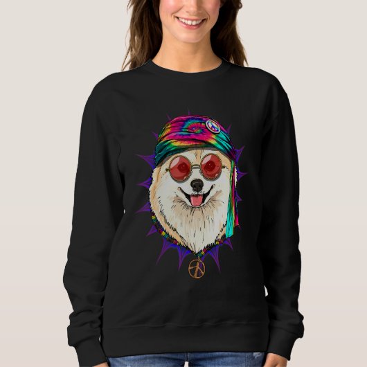Hippie Pomeranian Tie Dye Peace Sign Psychedelic D スウェットシャツ (正面)
