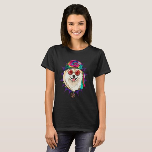 Hippie Pomeranian Tie Dye Peace Sign Psychedelic D Tシャツ (正面フル)