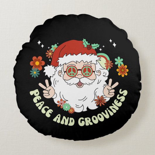 Hippie Santa Claus Peace and Grooviness Chrimas ラウンドクッション (正面)