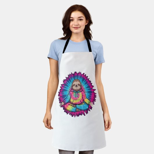 Hippie Sloth Peace Sign Tie-Dy エプロン (着用した状態)