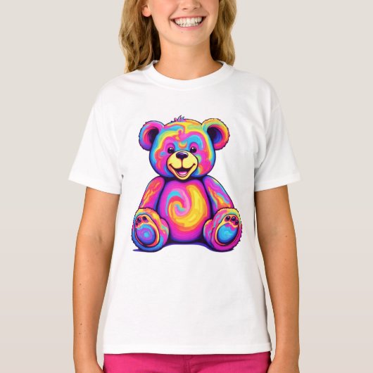 Hippie Teddy Bear Rainbow Psychedelic Bright Color Tシャツ (正面)