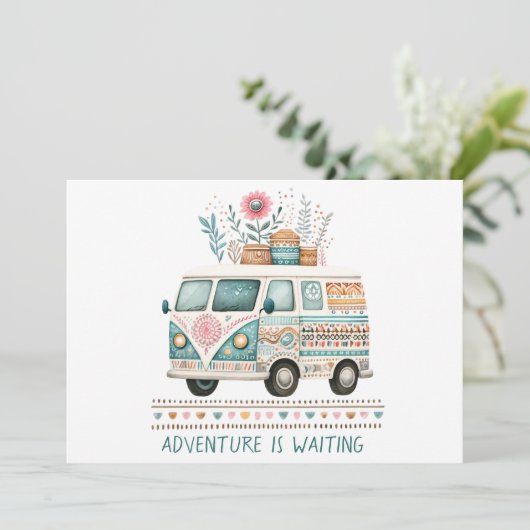 Hippie- Van mit Blumen- personalisierbare 招待状 (スタンド正面)