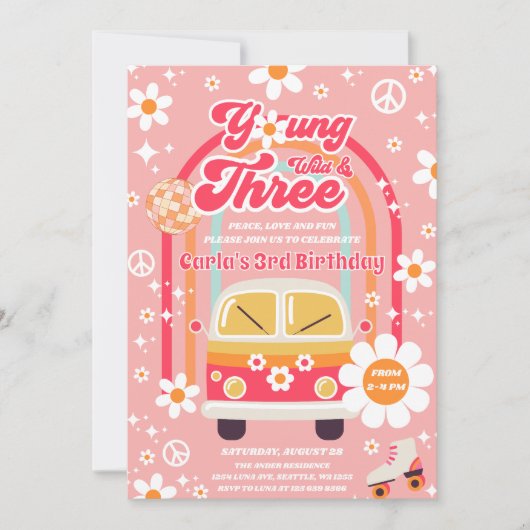 Hippie Young Wild & Three Groovy 3rd Birthday 招待状 (正面)