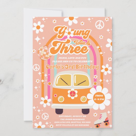 Hippie Young Wild & Three Groovy 3rd Birthday 招待状 (正面)