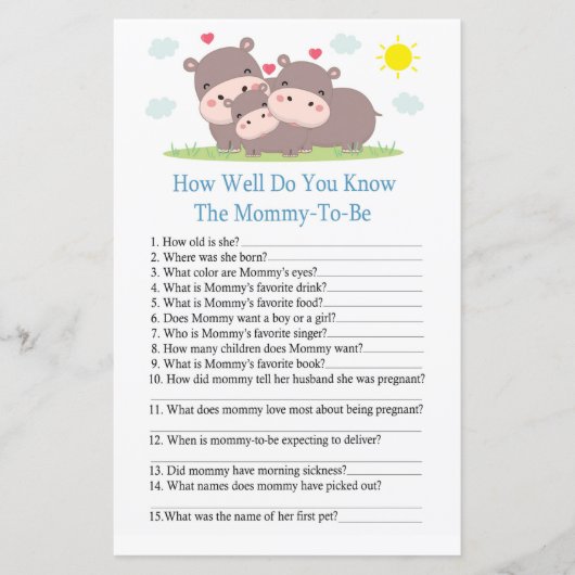 Hippoどのように良い知っている赤ちゃんシャワーゲーム (正面)