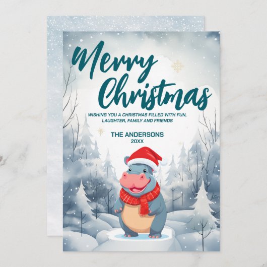 HIPPOメリーおもしろいクリスマスツリー雪ホリデーパーティー シーズンカード (正面/裏面)