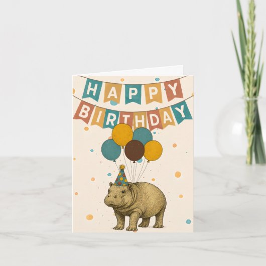 Hippo Birthday Card – Cute Animal with Balloons カード (正面)