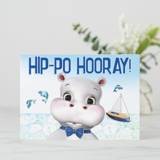 Hippo Blue Fish Boy Birthday カード (スタンド正面)