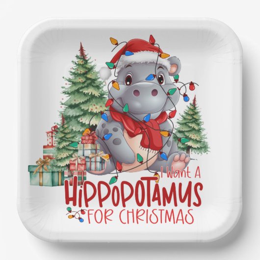 Hippo Christmasをテーマにした動物愛好家 ペーパープレート (正面)
