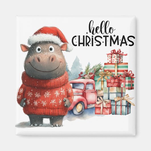 Hippo Christmasをテーマにした動物愛好家 マグネット (正面)