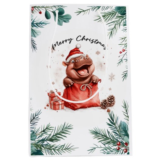 Hippo Christmasをテーマにした動物愛好家 ミディアムペーパーバッグ (正面)