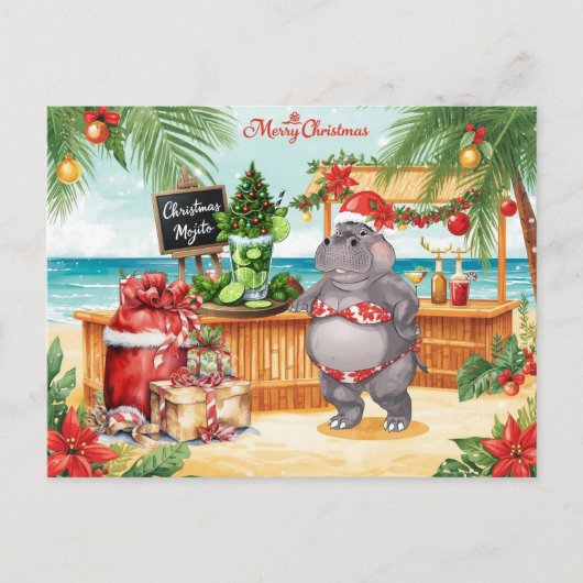 Hippo Christmas Cocktail Party Greeting Card  シーズンポストカード (正面)